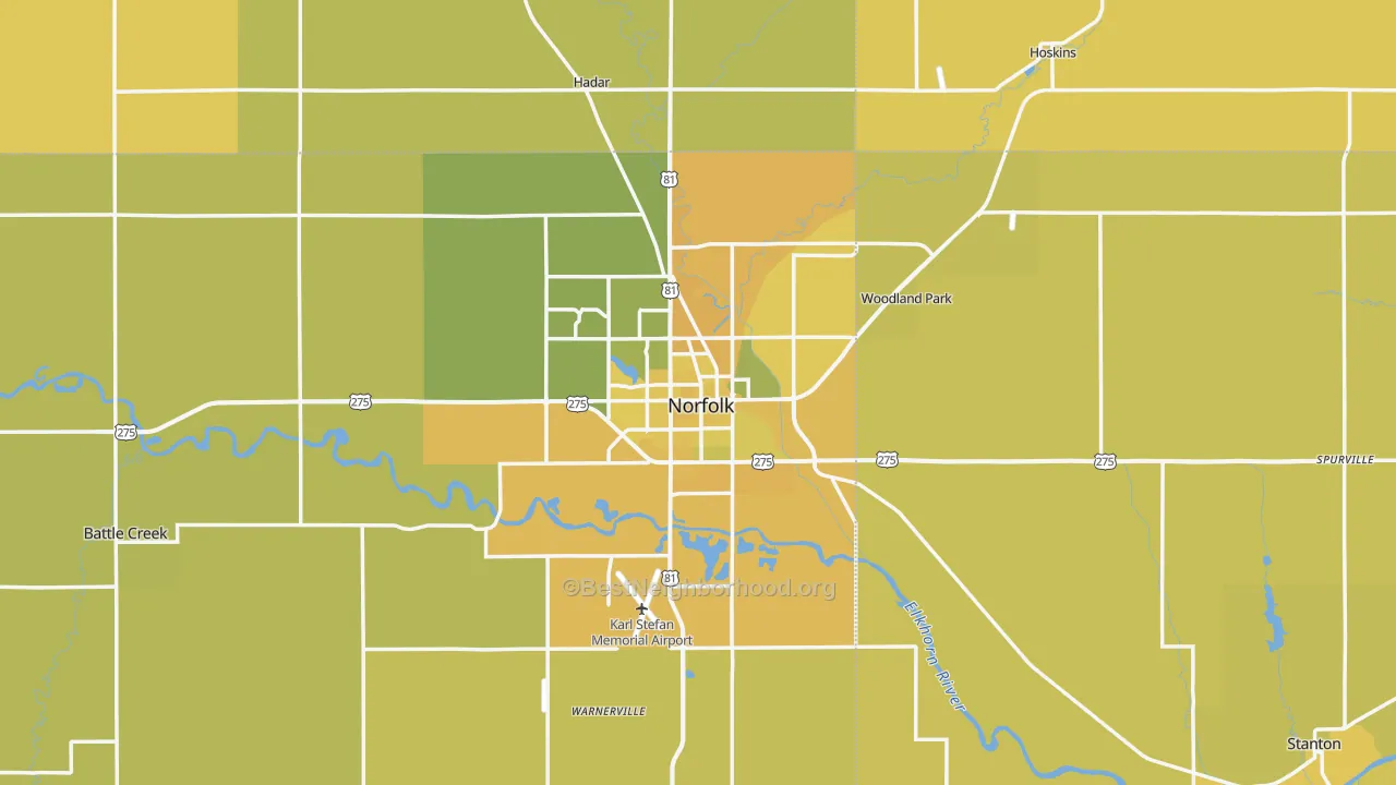 Map of the best neighborhoods in the Norfolk area, with better matches in green and worse matches in red
