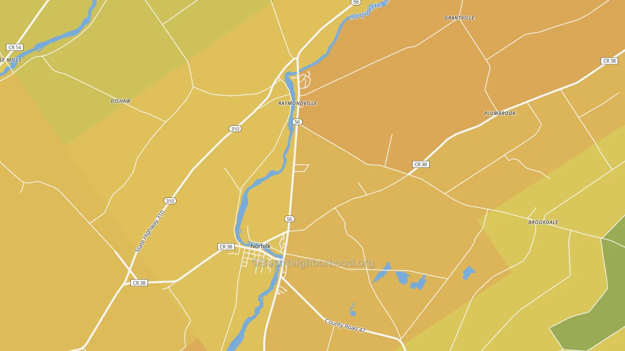 Map of the best neighborhoods in the Norfolk area, with better matches in green and worse matches in red