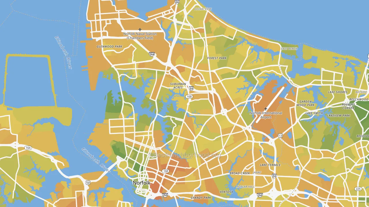 Map of the best neighborhoods in the Norfolk area, with better matches in green and worse matches in red