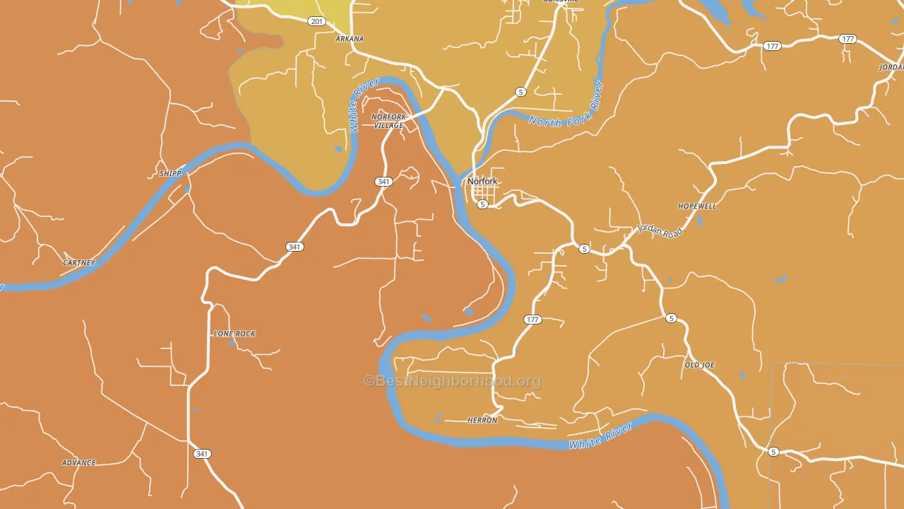 Map of the best neighborhoods in the Norfork area, with better matches in green and worse matches in red