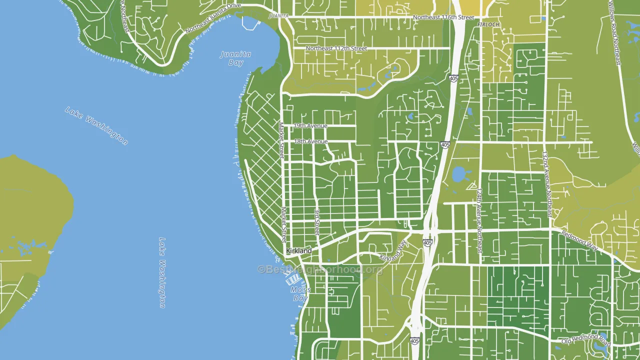 Map of the best neighborhoods in the Norkirk, Kirkland area, with better matches in green and worse matches in red