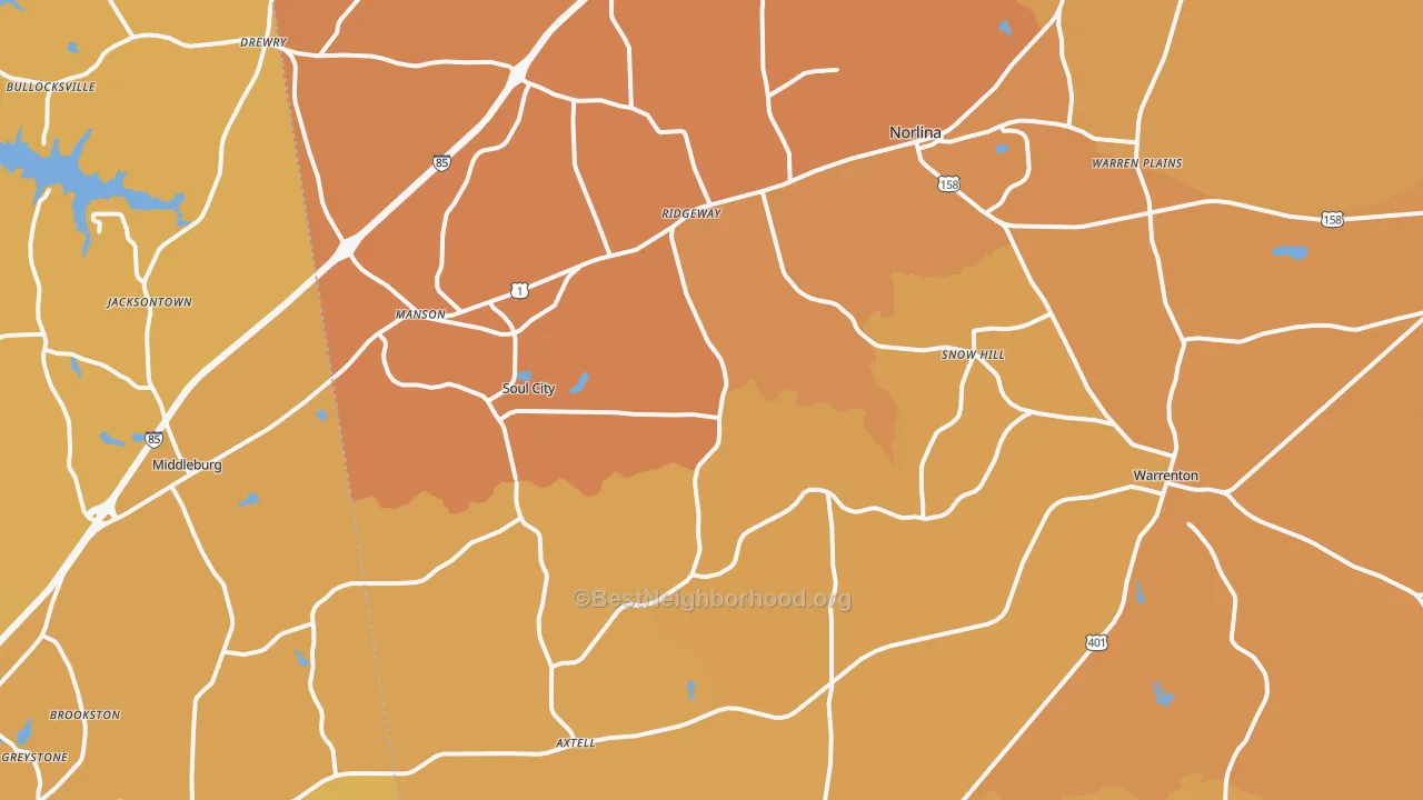 Map of the best neighborhoods in the Norlina area, with better matches in green and worse matches in red
