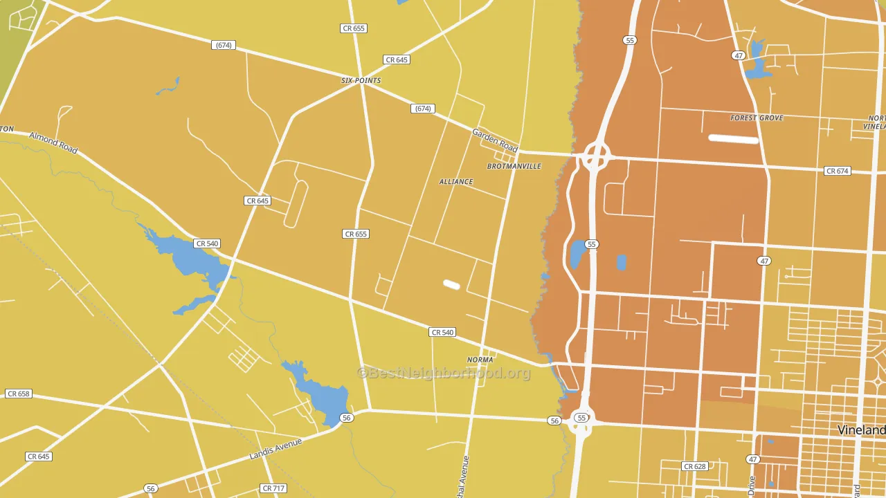 Map of the best neighborhoods in the Norma area, with better matches in green and worse matches in red