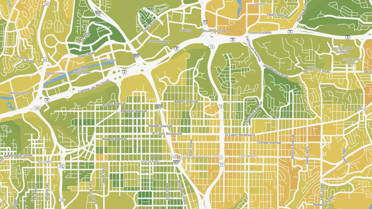 Map of the best neighborhoods in the Normal Heights, San Diego area, with better matches in green and worse matches in red