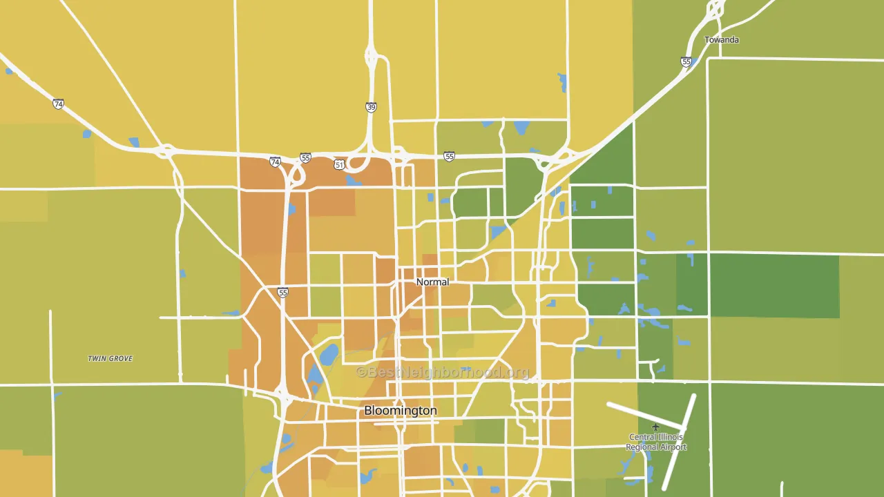 Map of the best neighborhoods in the Normal area, with better matches in green and worse matches in red