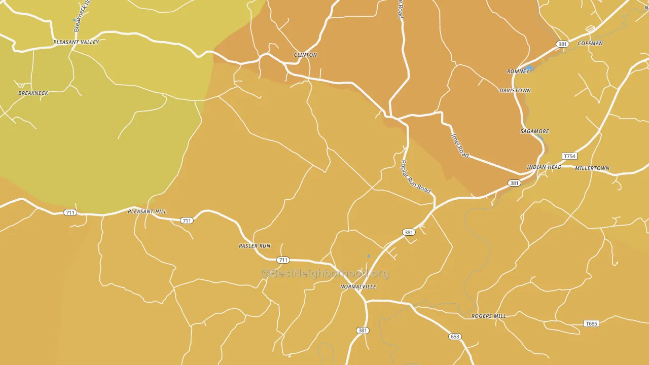 Map of the best neighborhoods in the Normalville area, with better matches in green and worse matches in red