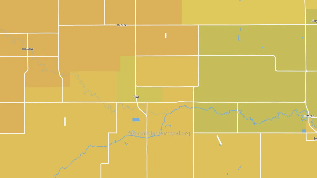 Map of the best neighborhoods in the Norman County area, with better matches in green and worse matches in red