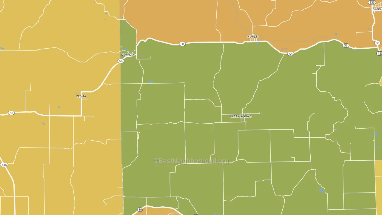 Map of the best neighborhoods in the Norman area, with better matches in green and worse matches in red