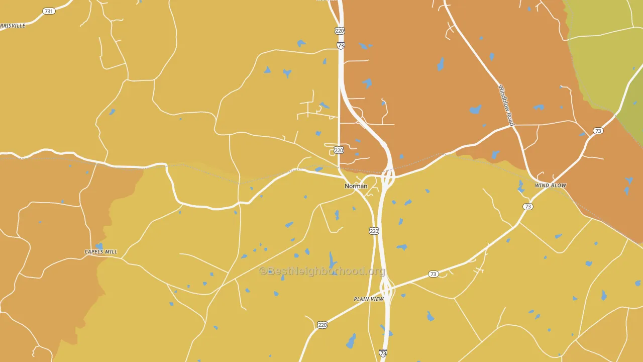 Map of the best neighborhoods in the Norman area, with better matches in green and worse matches in red