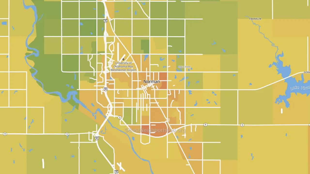 Map of the best neighborhoods in the Norman area, with better matches in green and worse matches in red