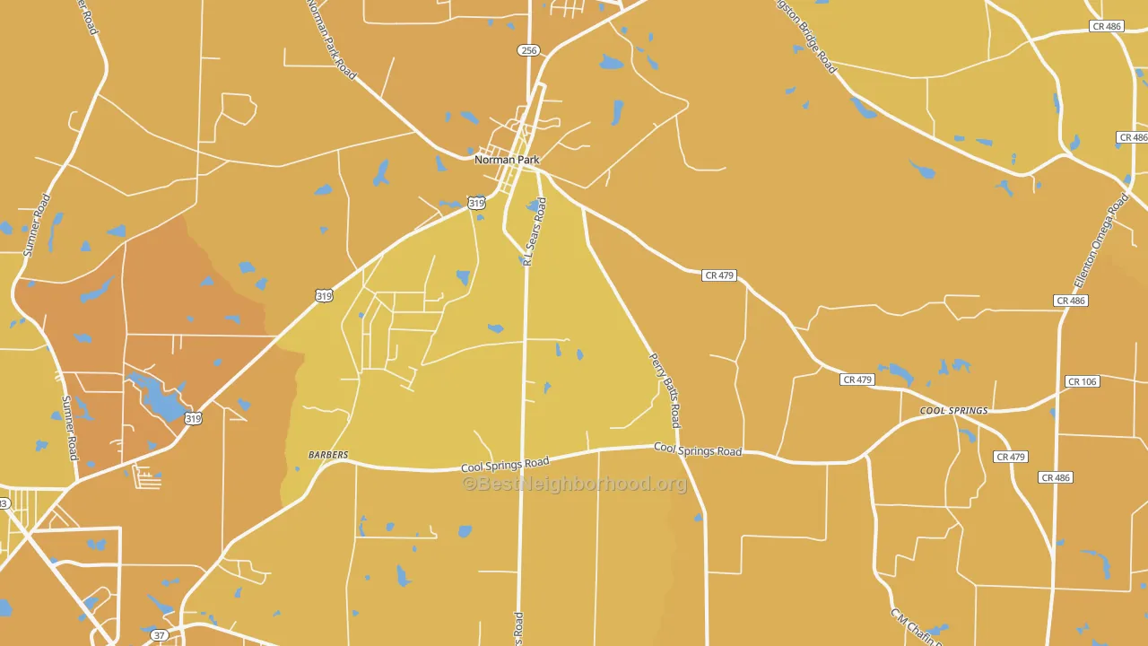 Map of the best neighborhoods in the Norman Park area, with better matches in green and worse matches in red