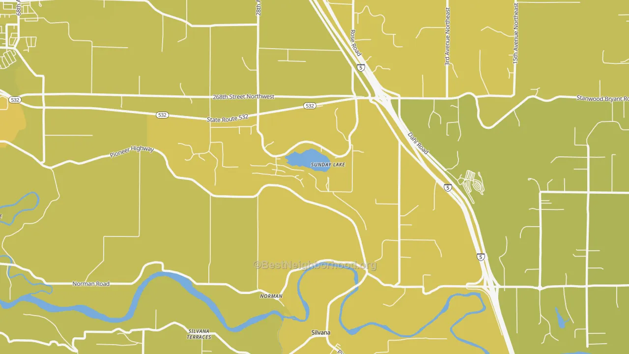 Map of the best neighborhoods in the Norman area, with better matches in green and worse matches in red
