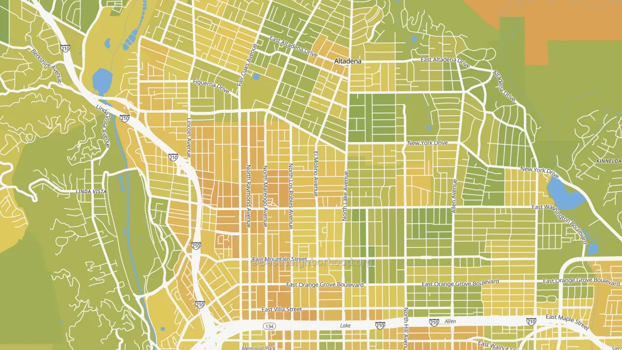 Map of the best neighborhoods in the Normandie Heights, Pasadena area, with better matches in green and worse matches in red
