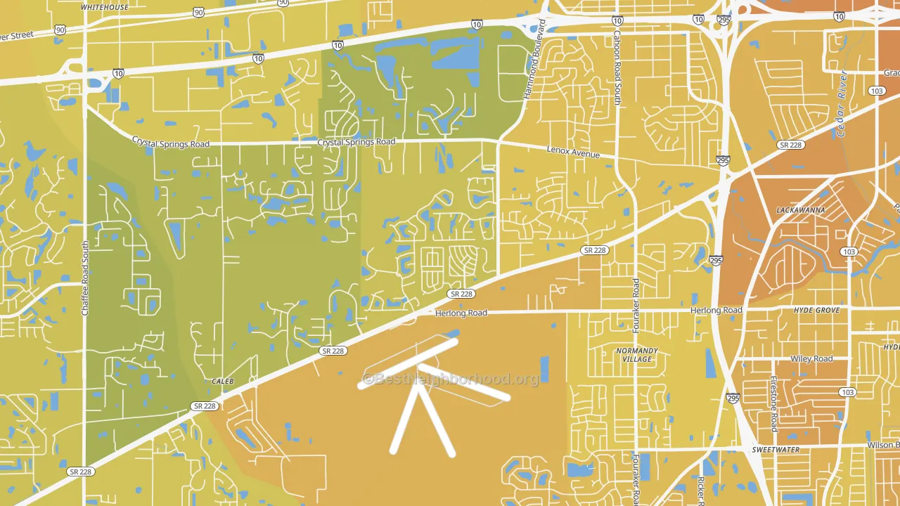 Map of the best neighborhoods in the Normandy Estates, Jacksonville area, with better matches in green and worse matches in red