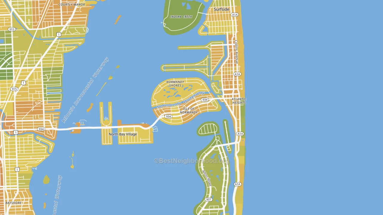 Map of the best neighborhoods in the Normandy Isles, North Bay Village area, with better matches in green and worse matches in red