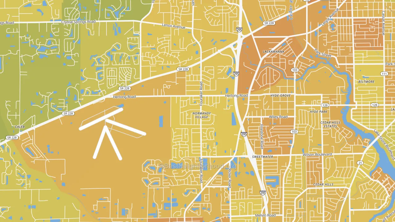 Map of the best neighborhoods in the Normandy Manor, Jacksonville area, with better matches in green and worse matches in red
