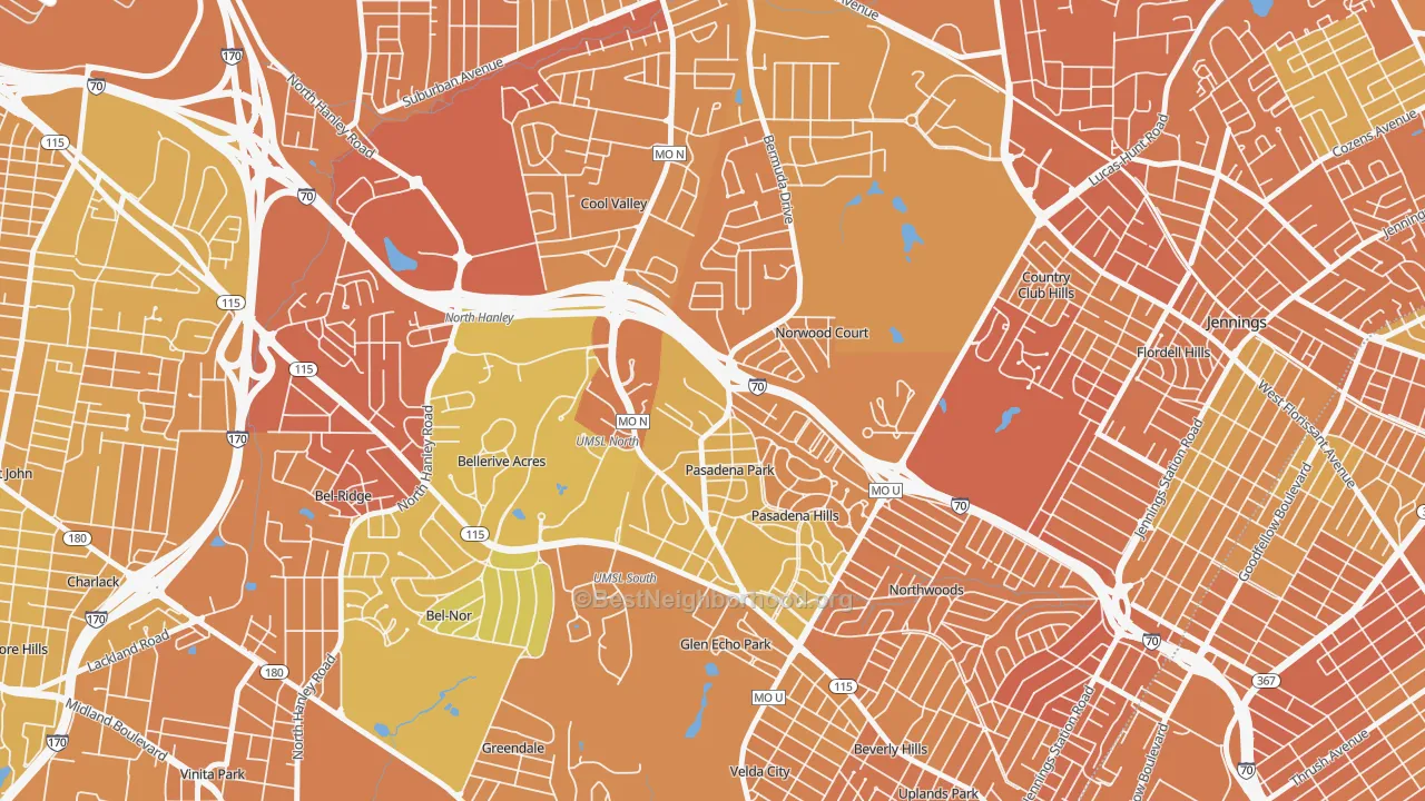 Map of the best neighborhoods in the Normandy area, with better matches in green and worse matches in red