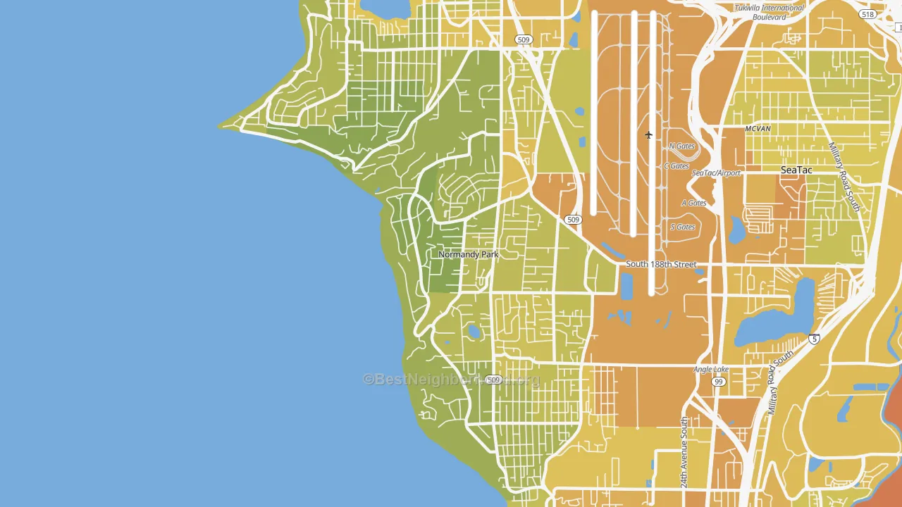 Map of the best neighborhoods in the Normandy Park area, with better matches in green and worse matches in red