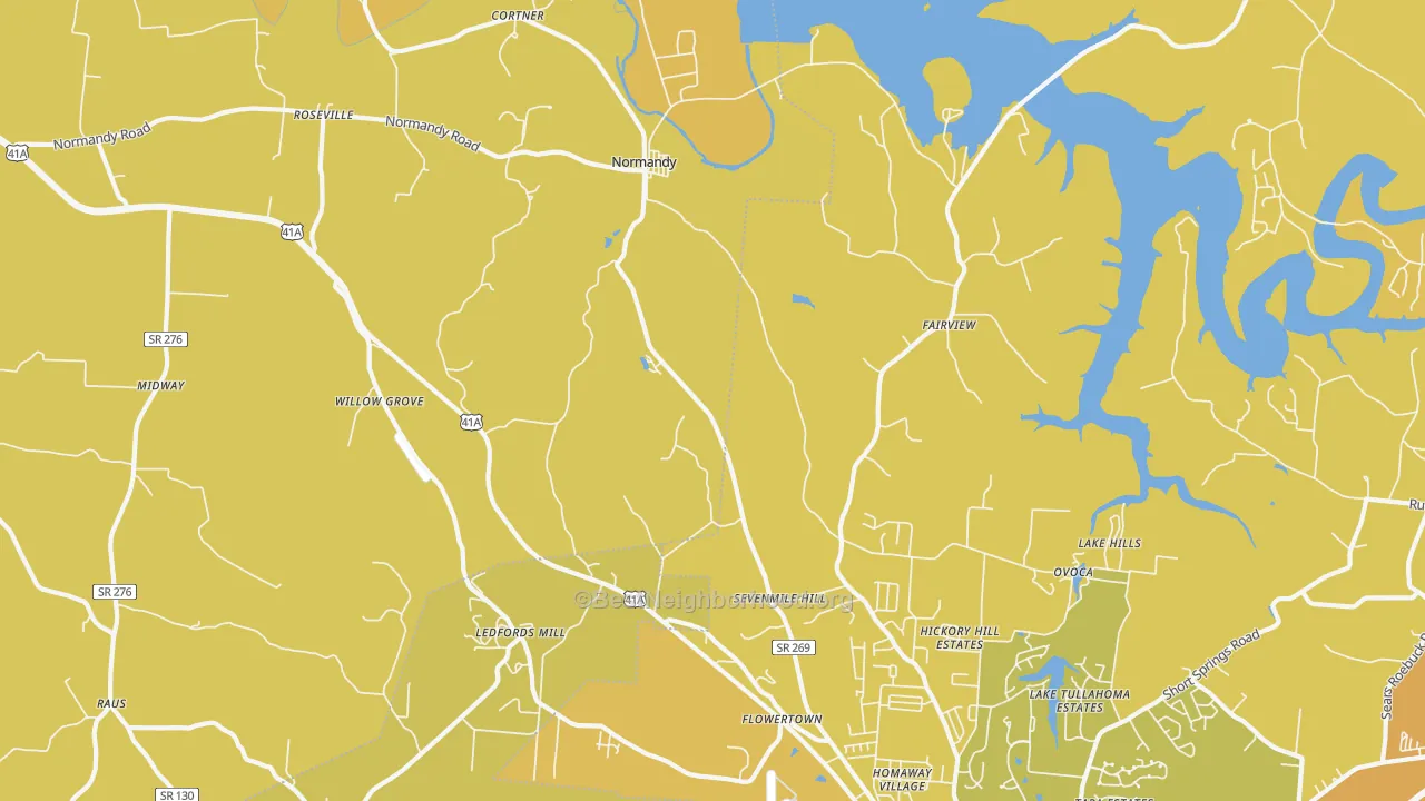 Map of the best neighborhoods in the Normandy area, with better matches in green and worse matches in red