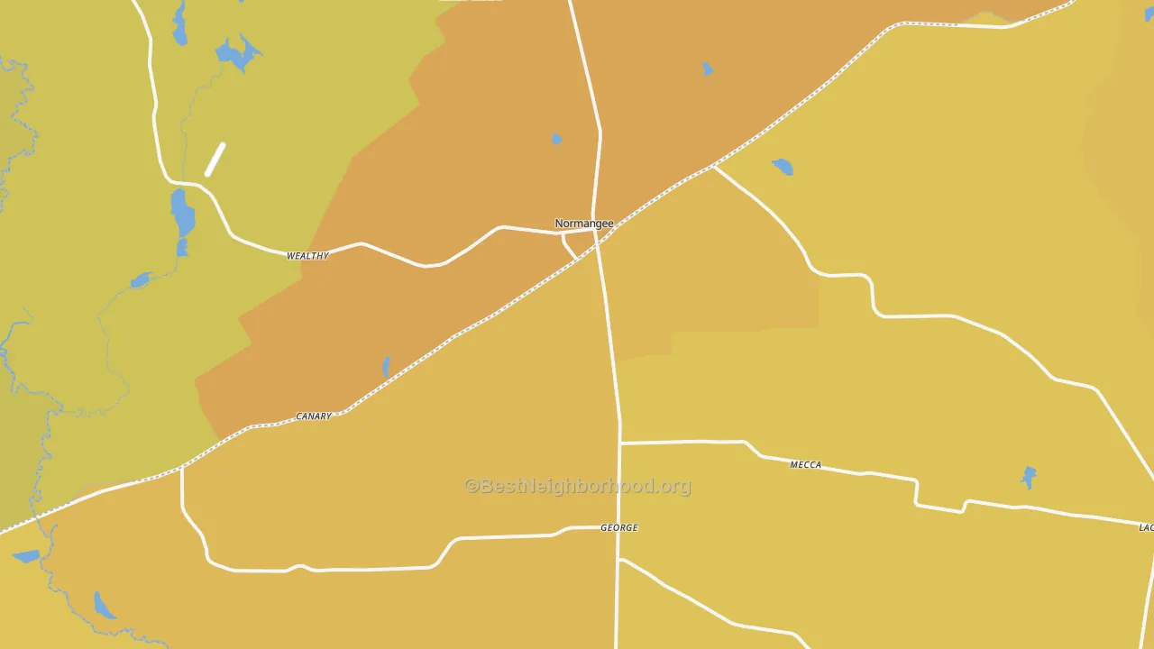 Map of the best neighborhoods in the Normangee area, with better matches in green and worse matches in red