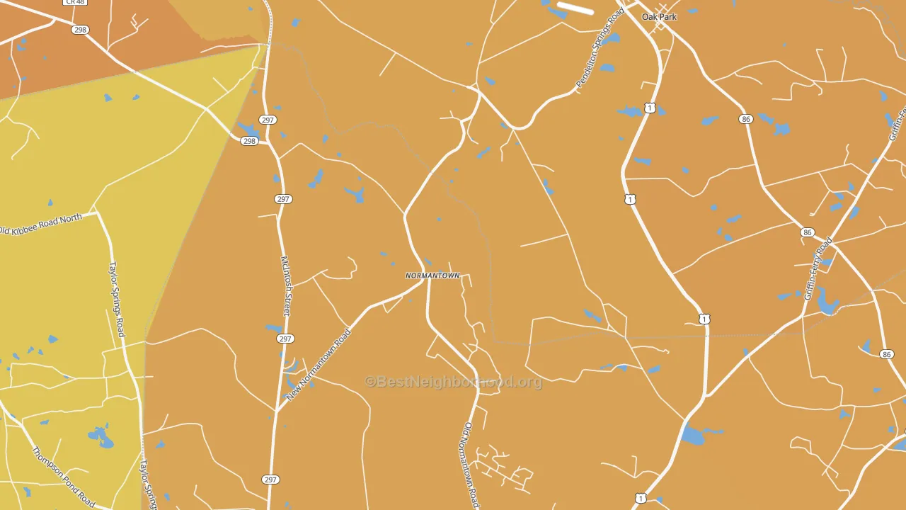 Map of the best neighborhoods in the Normantown area, with better matches in green and worse matches in red