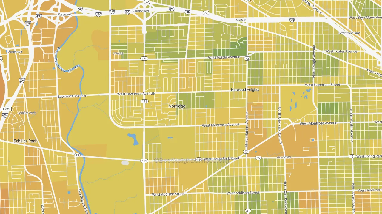 Map of the best neighborhoods in the Norridge area, with better matches in green and worse matches in red