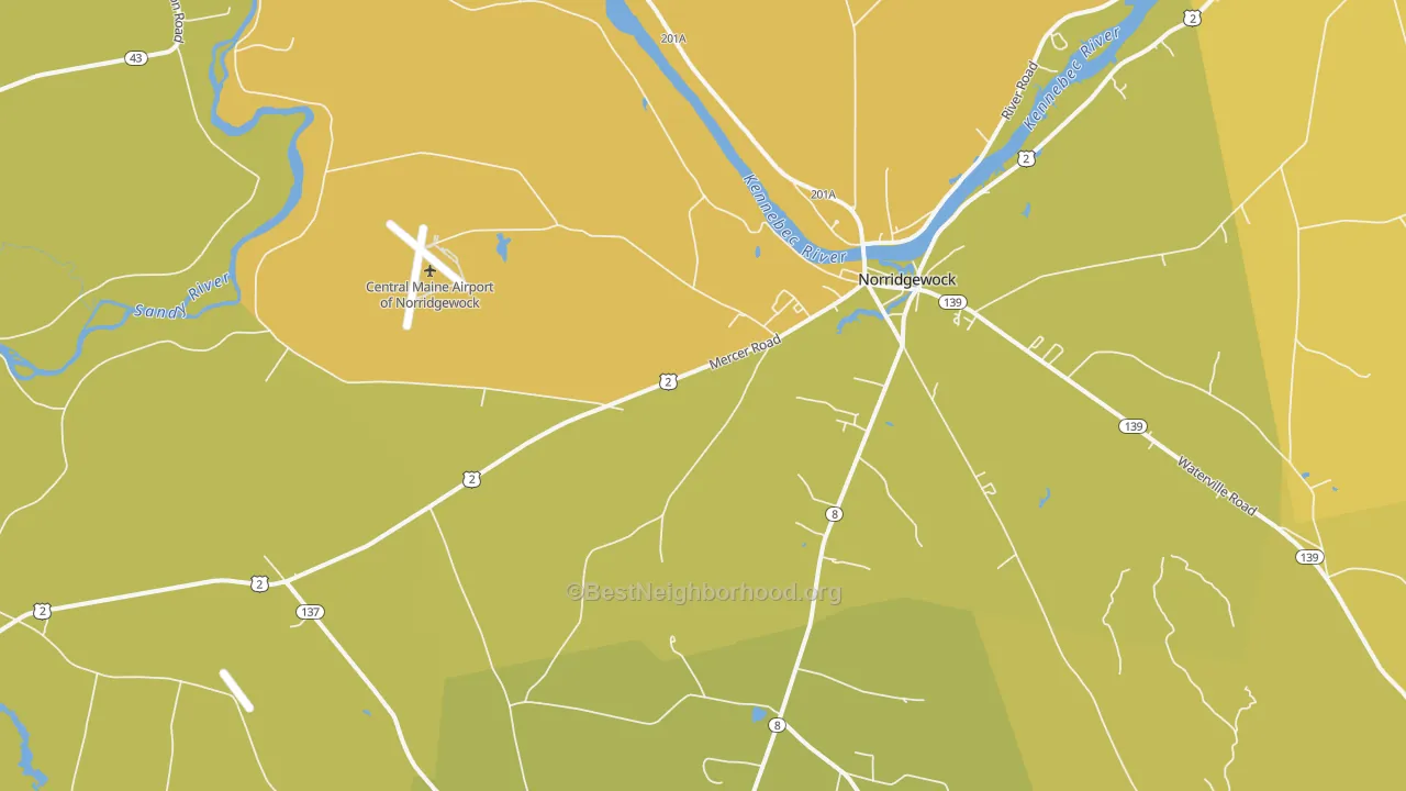 Map of the best neighborhoods in the Norridgewock area, with better matches in green and worse matches in red