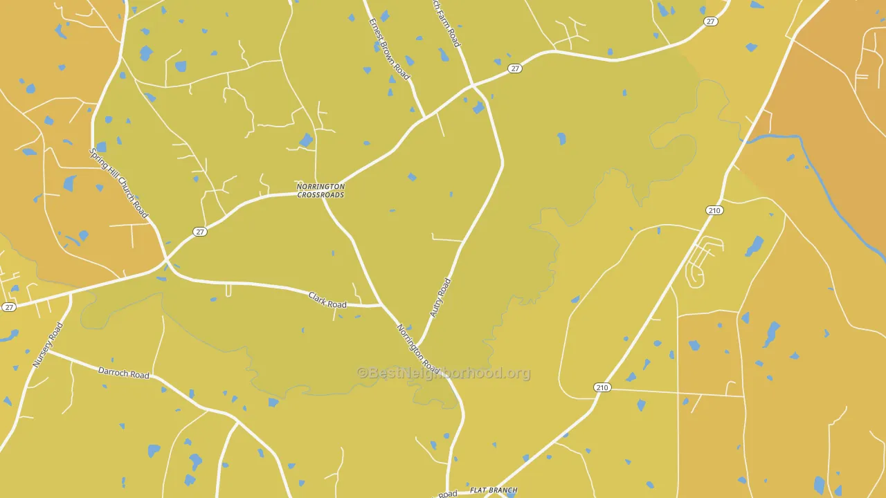 Map of the best neighborhoods in the Norrington Crossroads area, with better matches in green and worse matches in red