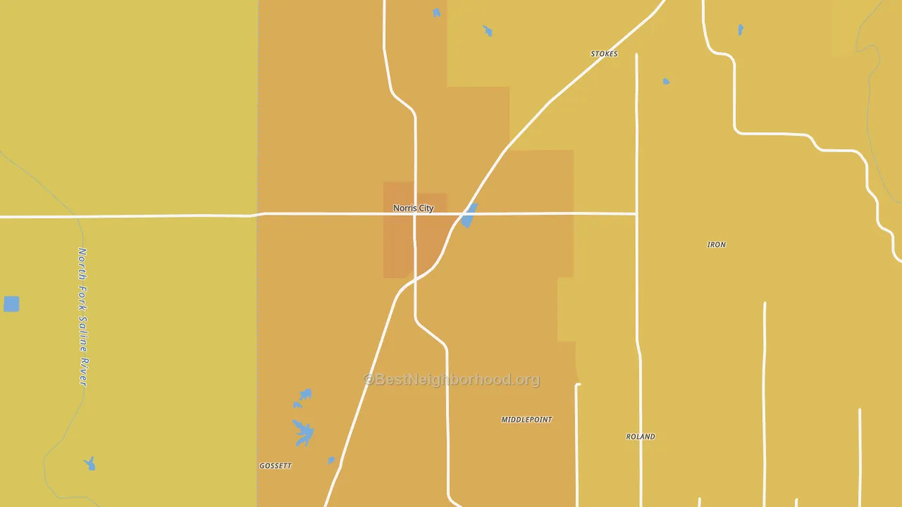 Map of the best neighborhoods in the Norris City area, with better matches in green and worse matches in red