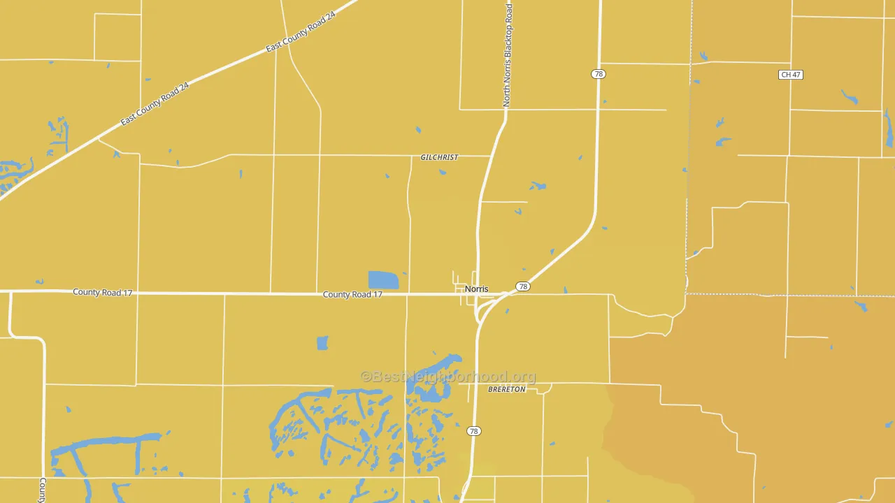 Map of the best neighborhoods in the Norris area, with better matches in green and worse matches in red