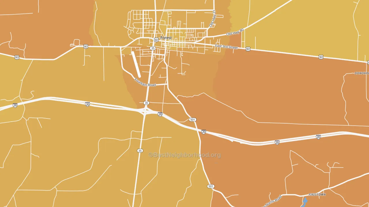 Map of the best neighborhoods in the Norris area, with better matches in green and worse matches in red