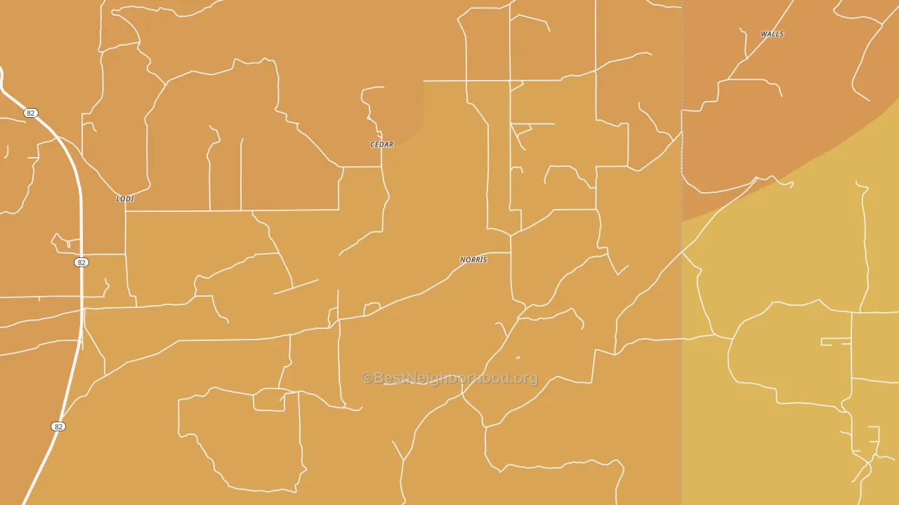 Map of the best neighborhoods in the Norris area, with better matches in green and worse matches in red