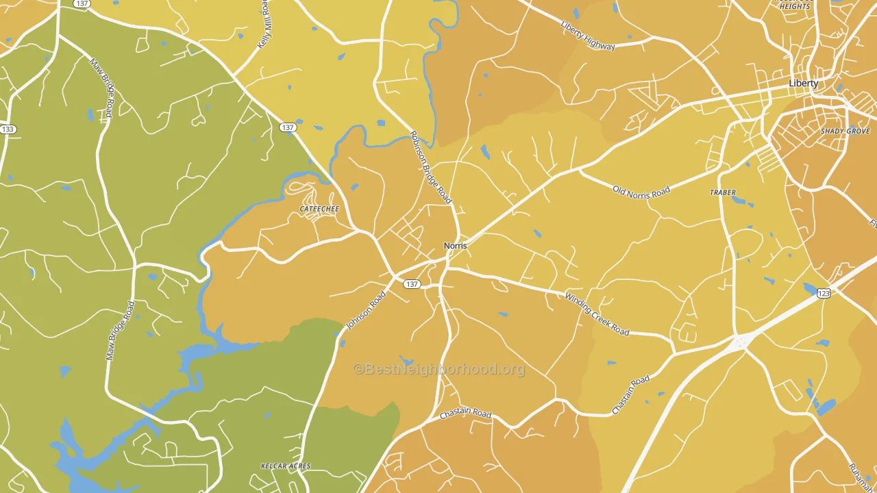 Map of the best neighborhoods in the Norris area, with better matches in green and worse matches in red