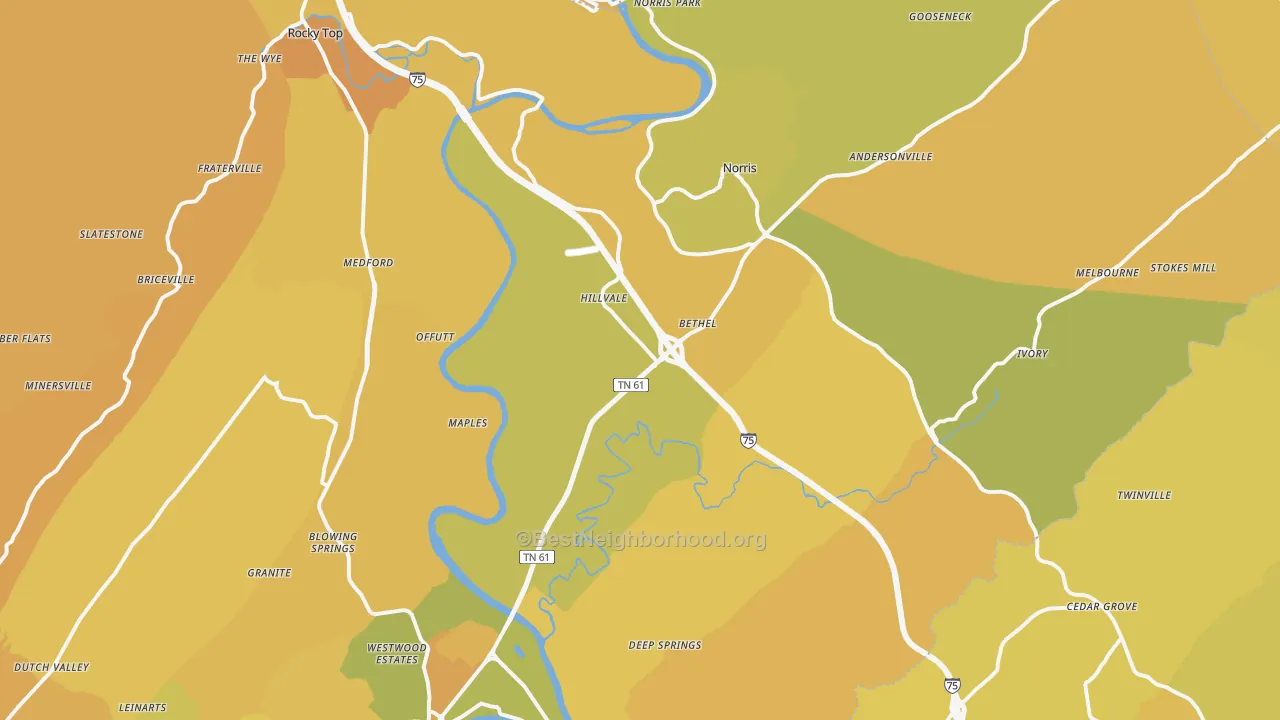 Map of the best neighborhoods in the Norris area, with better matches in green and worse matches in red