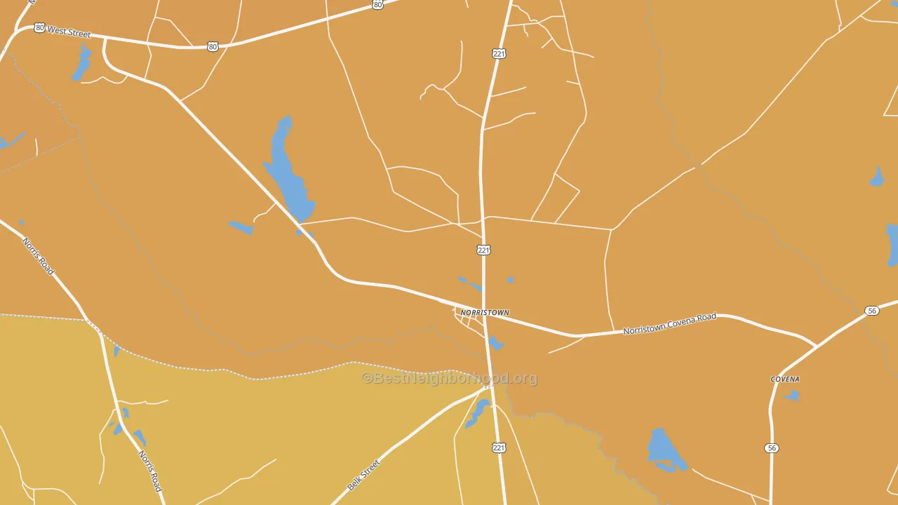 Map of the best neighborhoods in the Norristown area, with better matches in green and worse matches in red