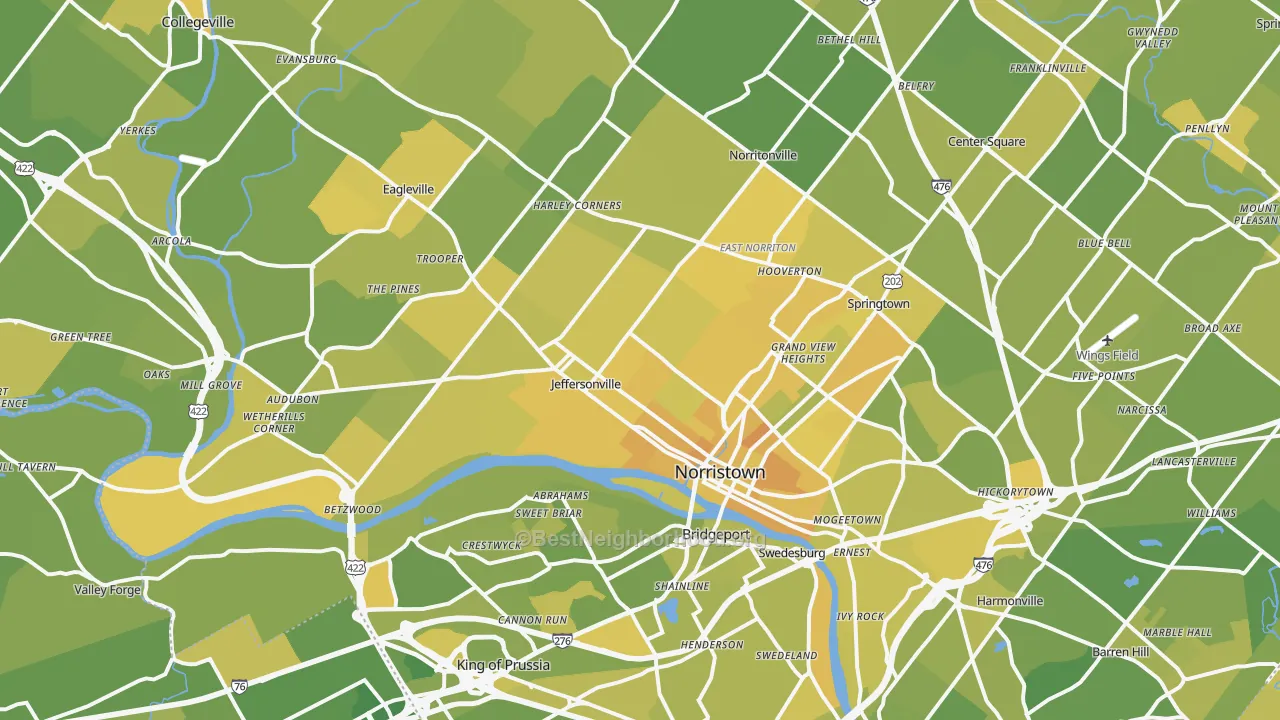 Map of the best neighborhoods in the Norristown area, with better matches in green and worse matches in red