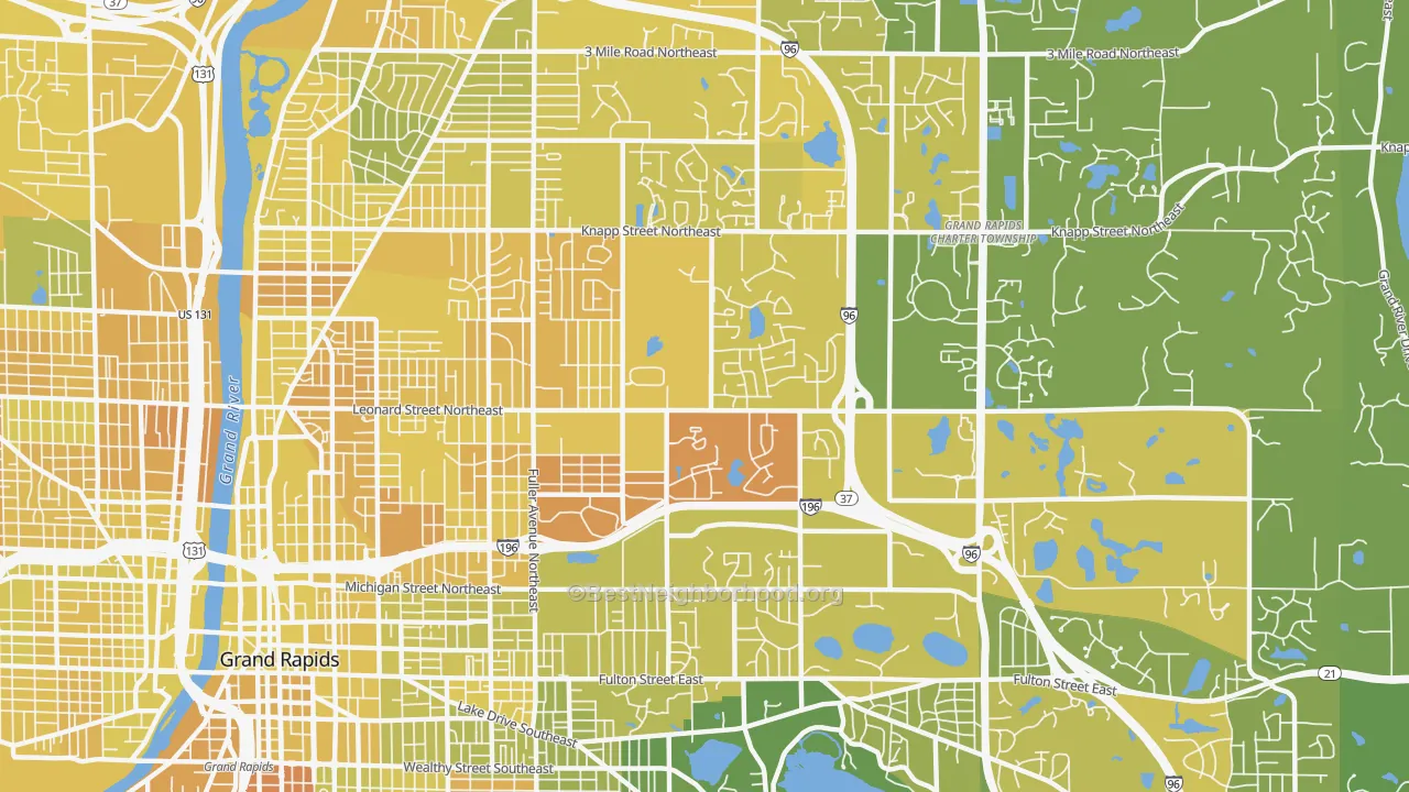 Map of the best neighborhoods in the Norteast Citizens Action, Grand Rapids area, with better matches in green and worse matches in red