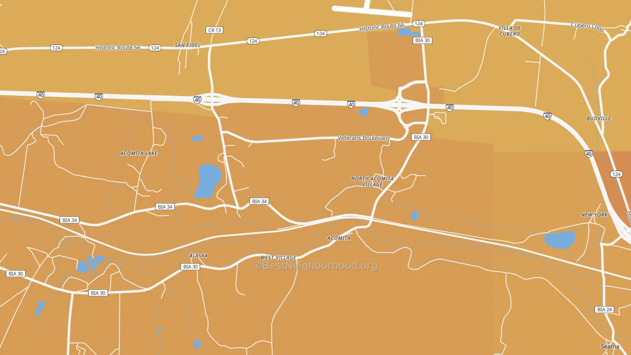 Map of the best neighborhoods in the North Acomita Village area, with better matches in green and worse matches in red