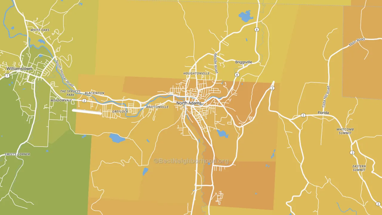 Map of the best neighborhoods in the North Adams area, with better matches in green and worse matches in red