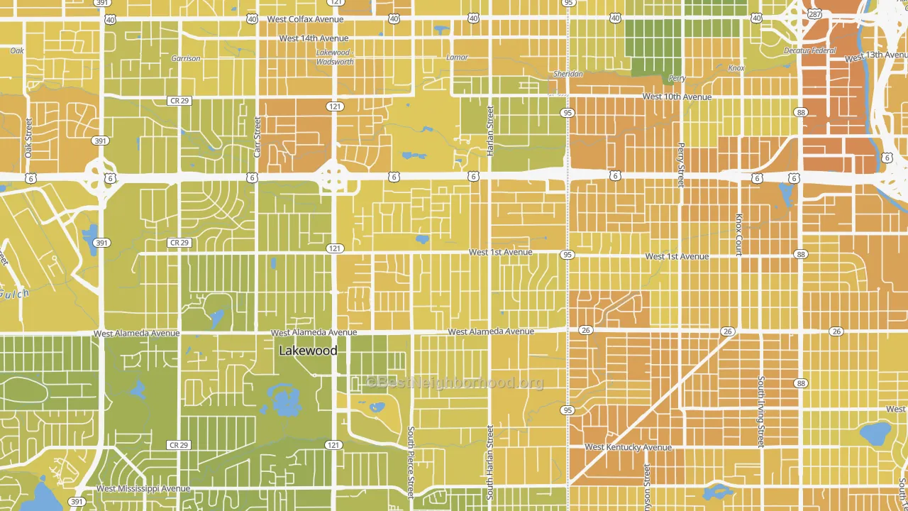 Map of the best neighborhoods in the North Alameda, Lakewood area, with better matches in green and worse matches in red