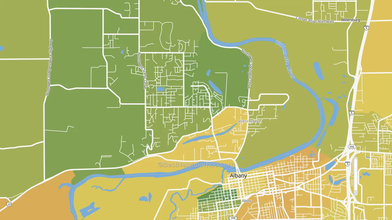 Map of the best neighborhoods in the North Albany, Albany area, with better matches in green and worse matches in red
