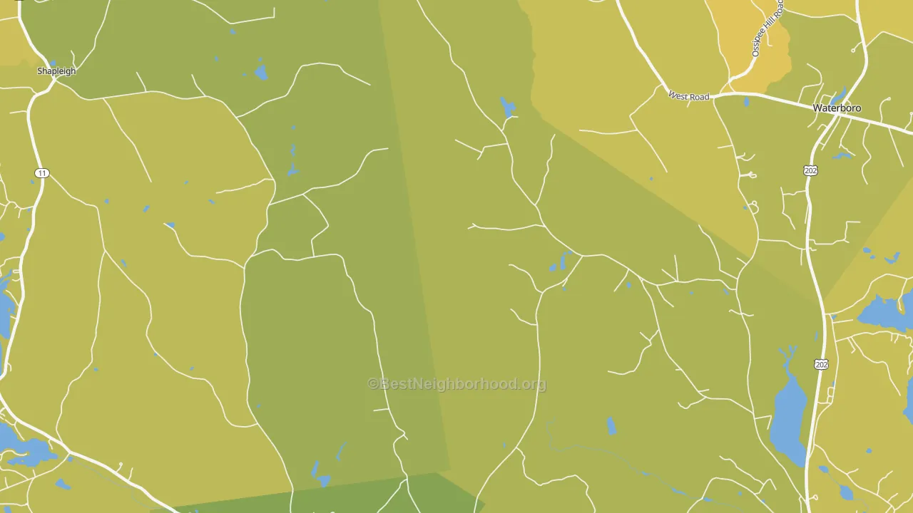 Map of the best neighborhoods in the North Alfred area, with better matches in green and worse matches in red
