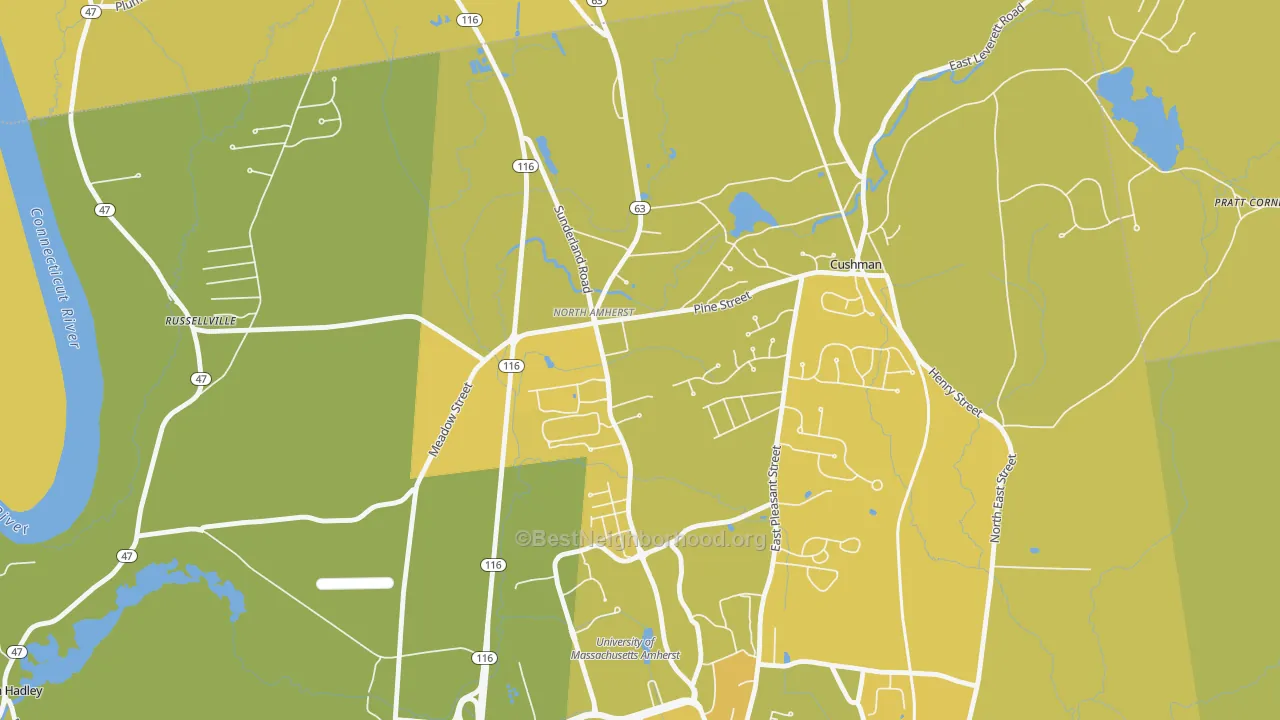 Map of the best neighborhoods in the North Amherst, Amherst area, with better matches in green and worse matches in red