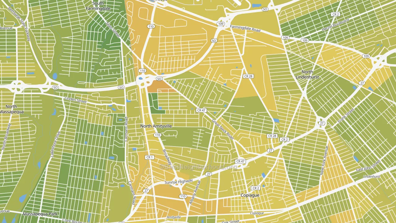 Map of the best neighborhoods in the North Amityville area, with better matches in green and worse matches in red