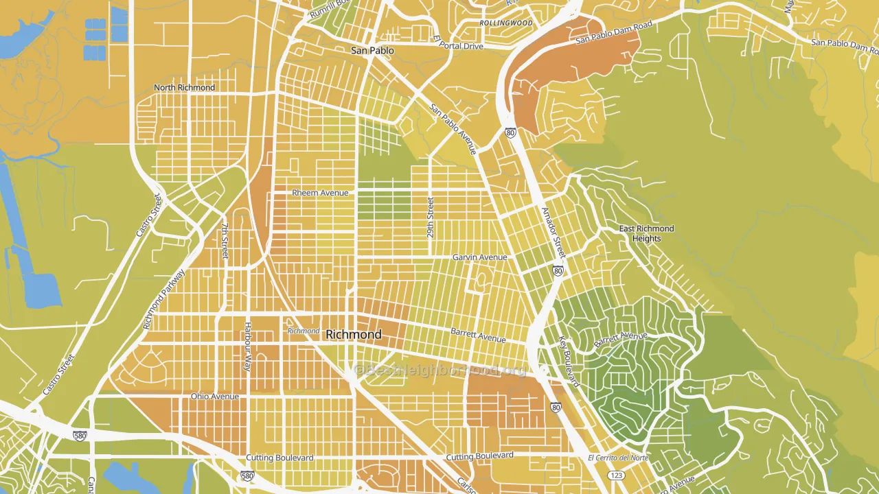 Map of the best neighborhoods in the North and East, Richmond area, with better matches in green and worse matches in red