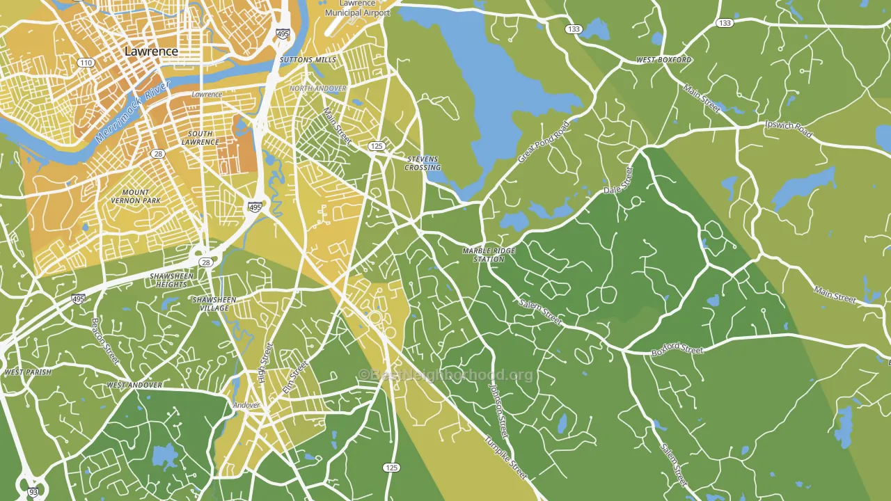 Map of the best neighborhoods in the North Andover area, with better matches in green and worse matches in red