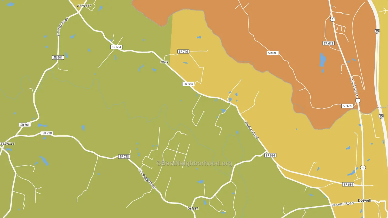 Map of the best neighborhoods in the North Anna area, with better matches in green and worse matches in red