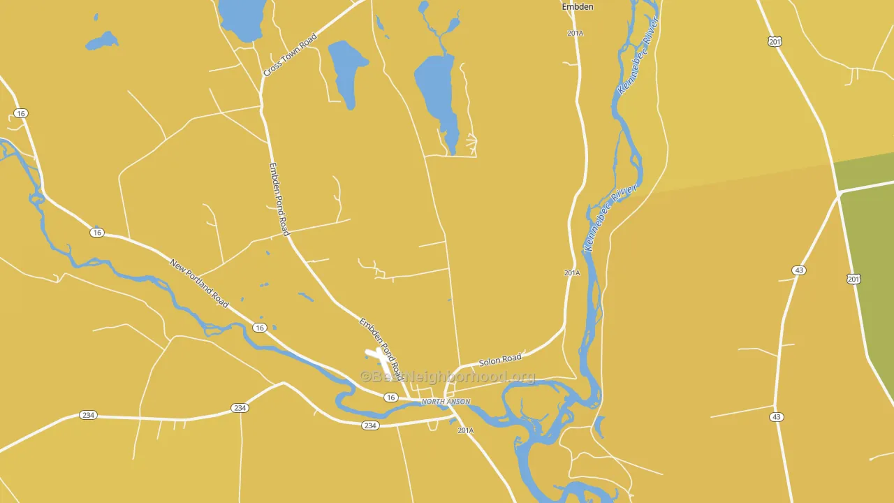 Map of the best neighborhoods in the North Anson area, with better matches in green and worse matches in red