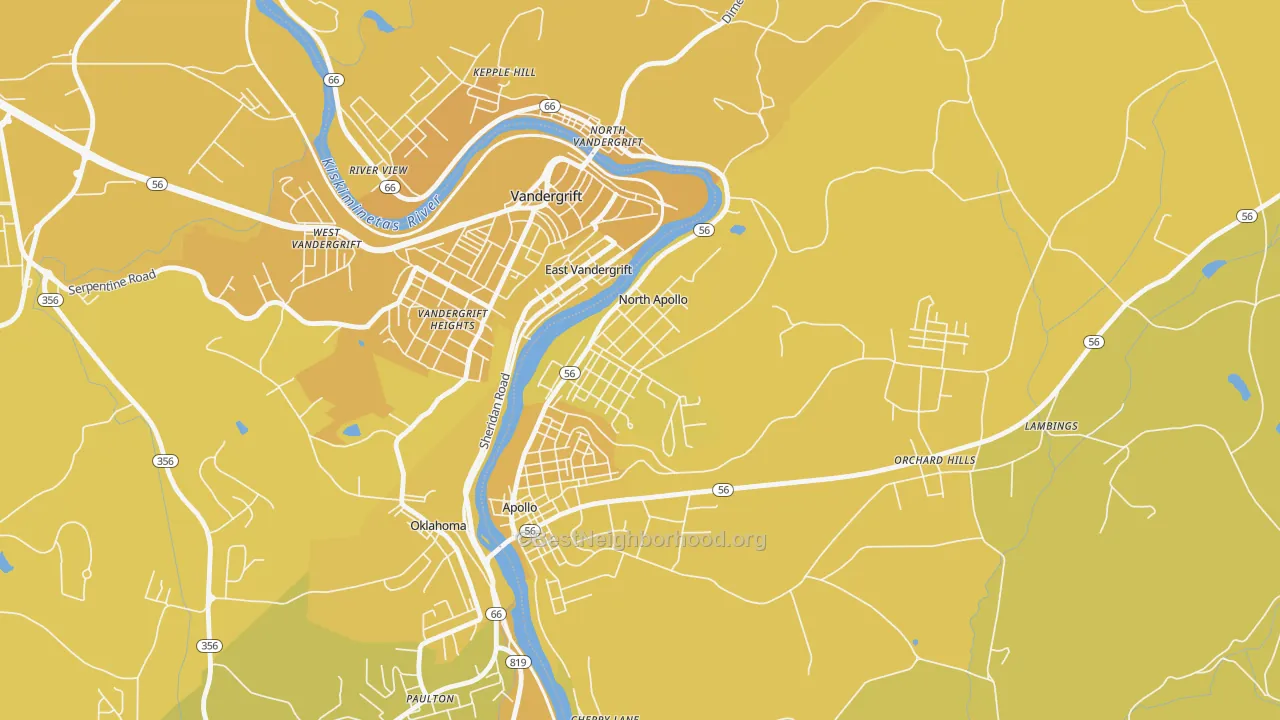 Map of the best neighborhoods in the North Apollo area, with better matches in green and worse matches in red