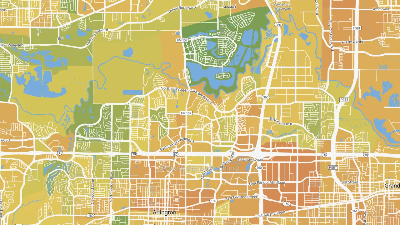 Map of the best neighborhoods in the North Arlington, Arlington area, with better matches in green and worse matches in red